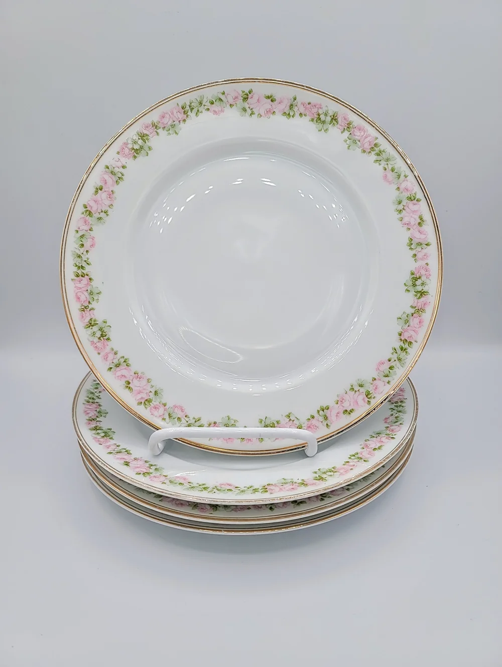 Bavaria Germany Salad Plates Set 4 Pink Rose Garland Gold Trim Vintage